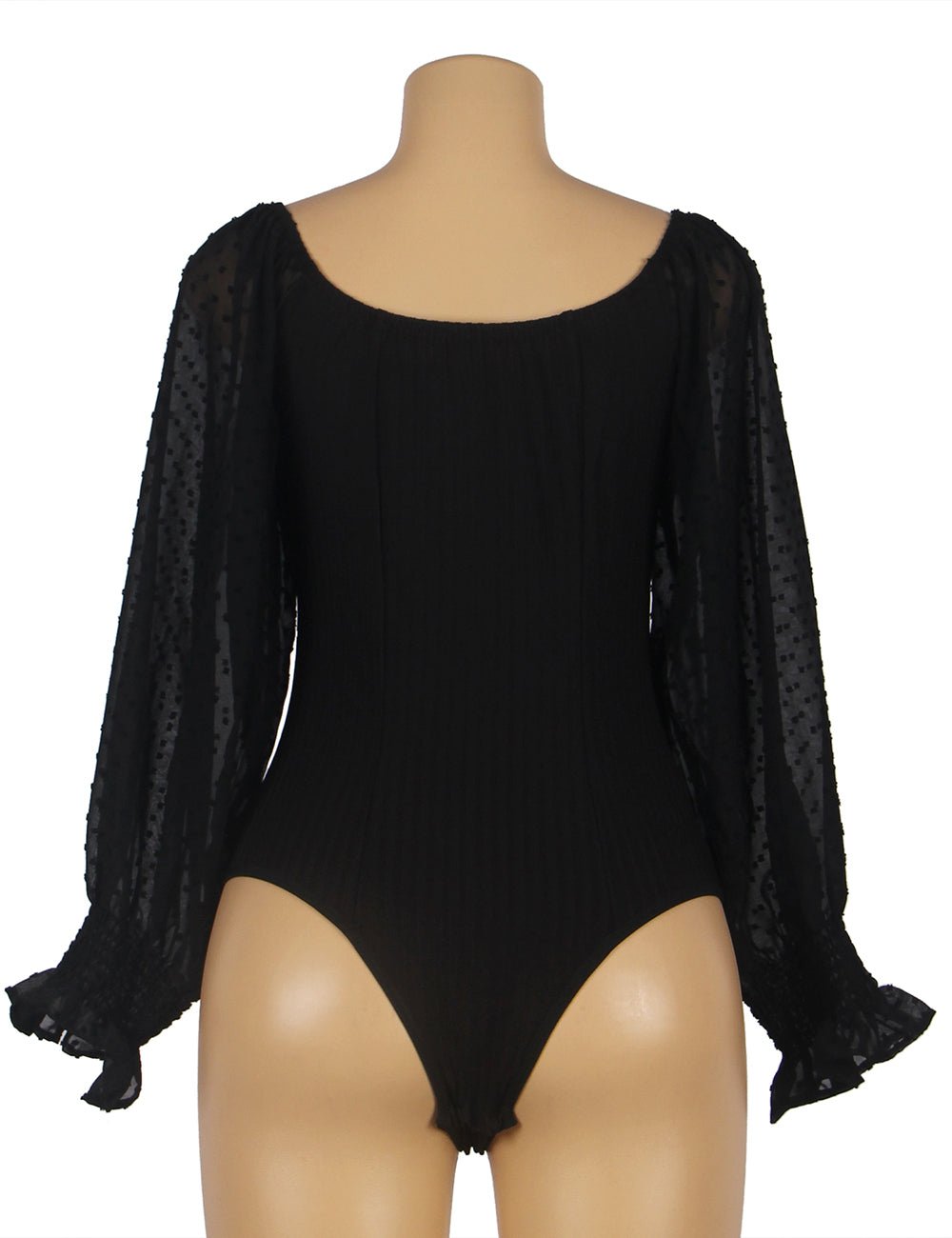 Black One - Shoulder Bodysuit – Chiffon Bubble Sleeves & Buckle Crotch - TeaseFashion