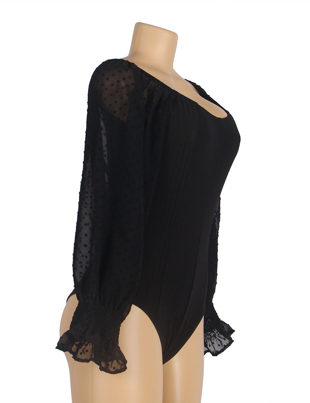Black One - Shoulder Bodysuit – Chiffon Bubble Sleeves & Buckle Crotch - TeaseFashion