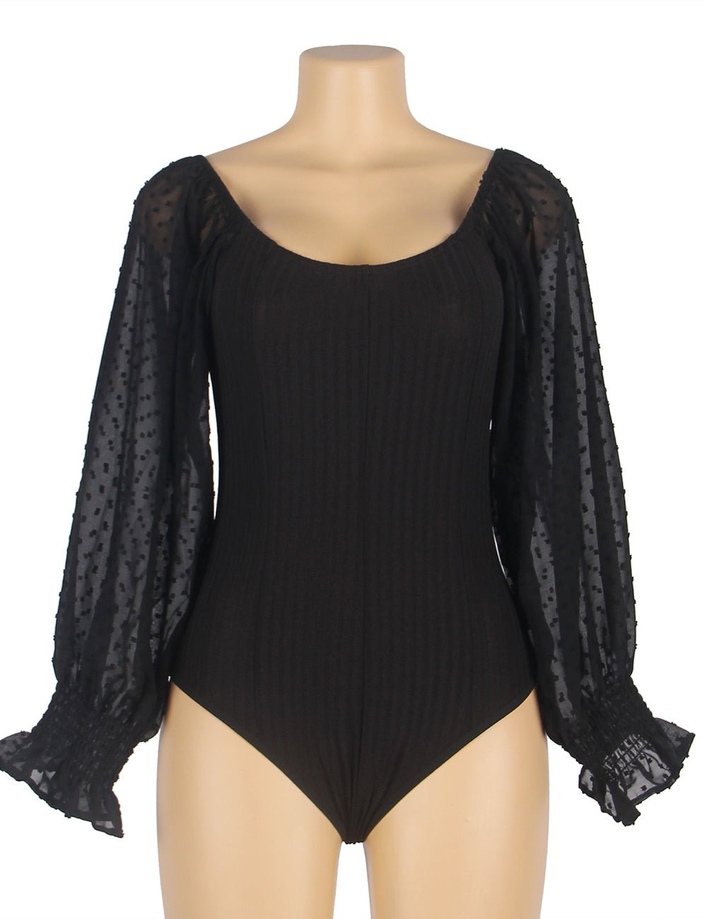 Black One - Shoulder Bodysuit – Chiffon Bubble Sleeves & Buckle Crotch - TeaseFashion