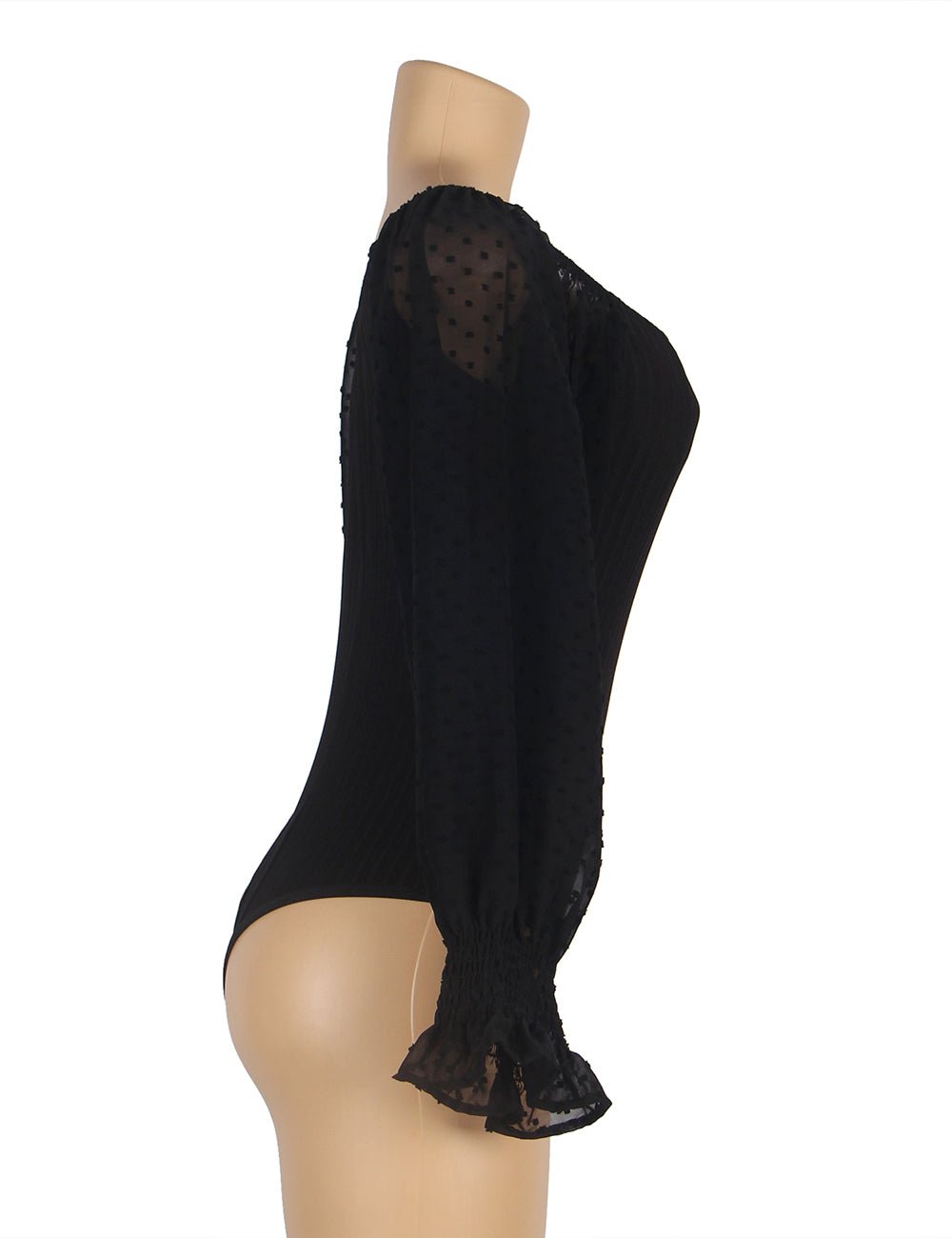 Black One - Shoulder Bodysuit – Chiffon Bubble Sleeves & Buckle Crotch - TeaseFashion