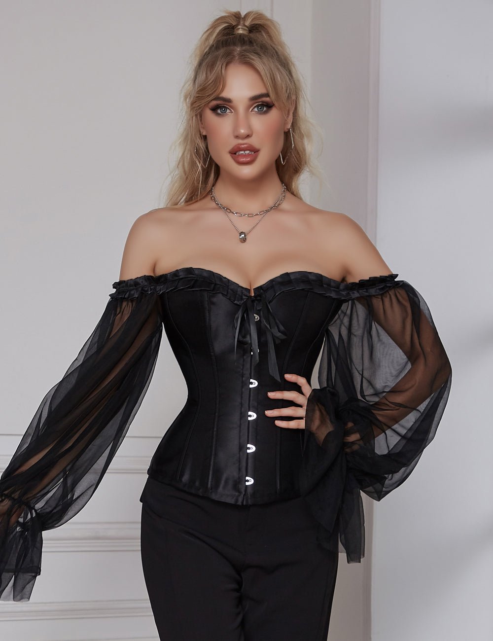 Black One - Shoulder Corset with Lantern Sleeve & Steel Boning - TeaseFashion