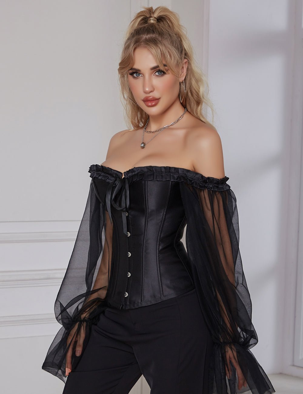 Black One - Shoulder Corset with Lantern Sleeve & Steel Boning - TeaseFashion