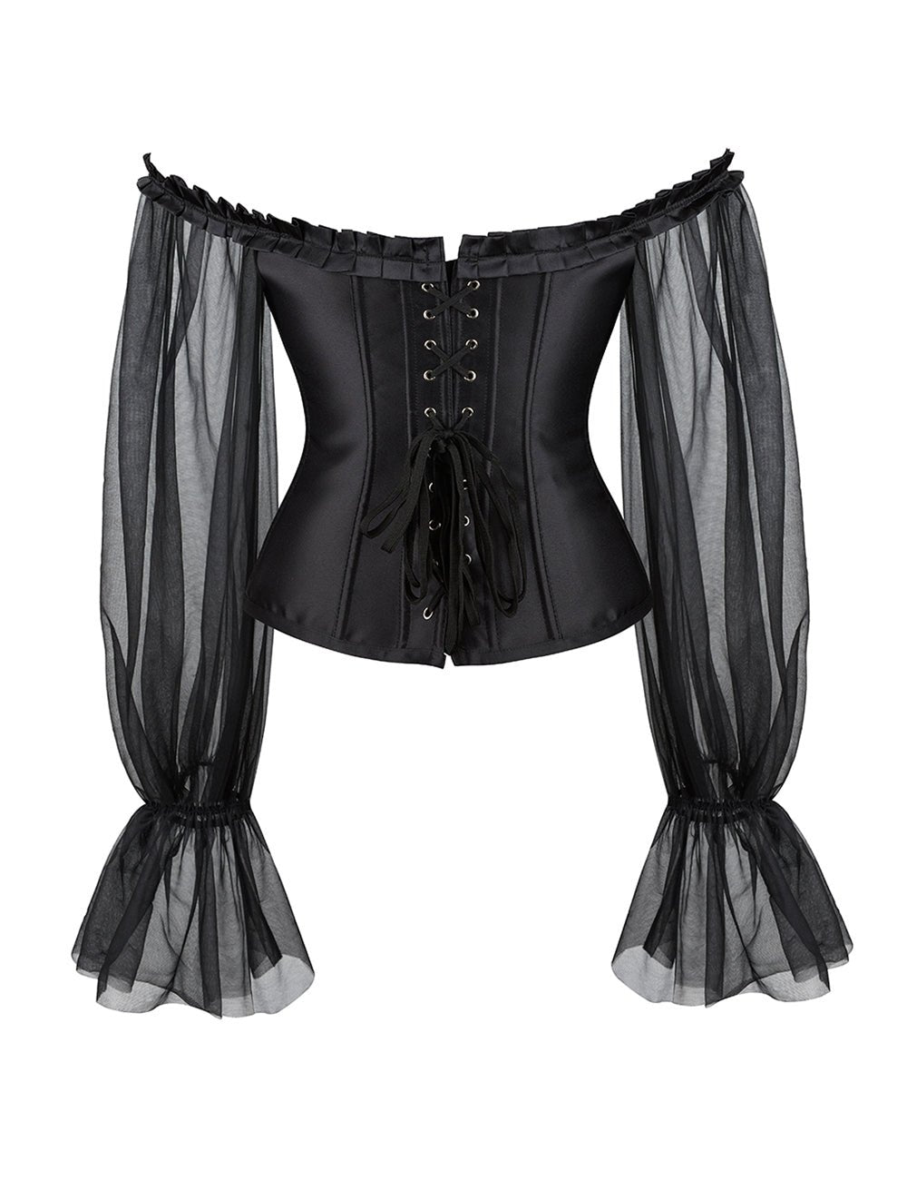 Black One - Shoulder Corset with Lantern Sleeve & Steel Boning - TeaseFashion