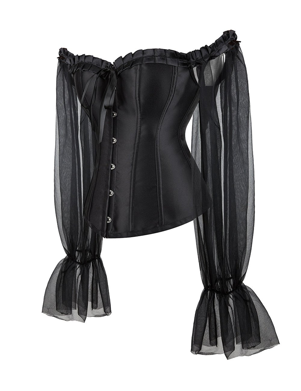 Black One - Shoulder Corset with Lantern Sleeve & Steel Boning - TeaseFashion