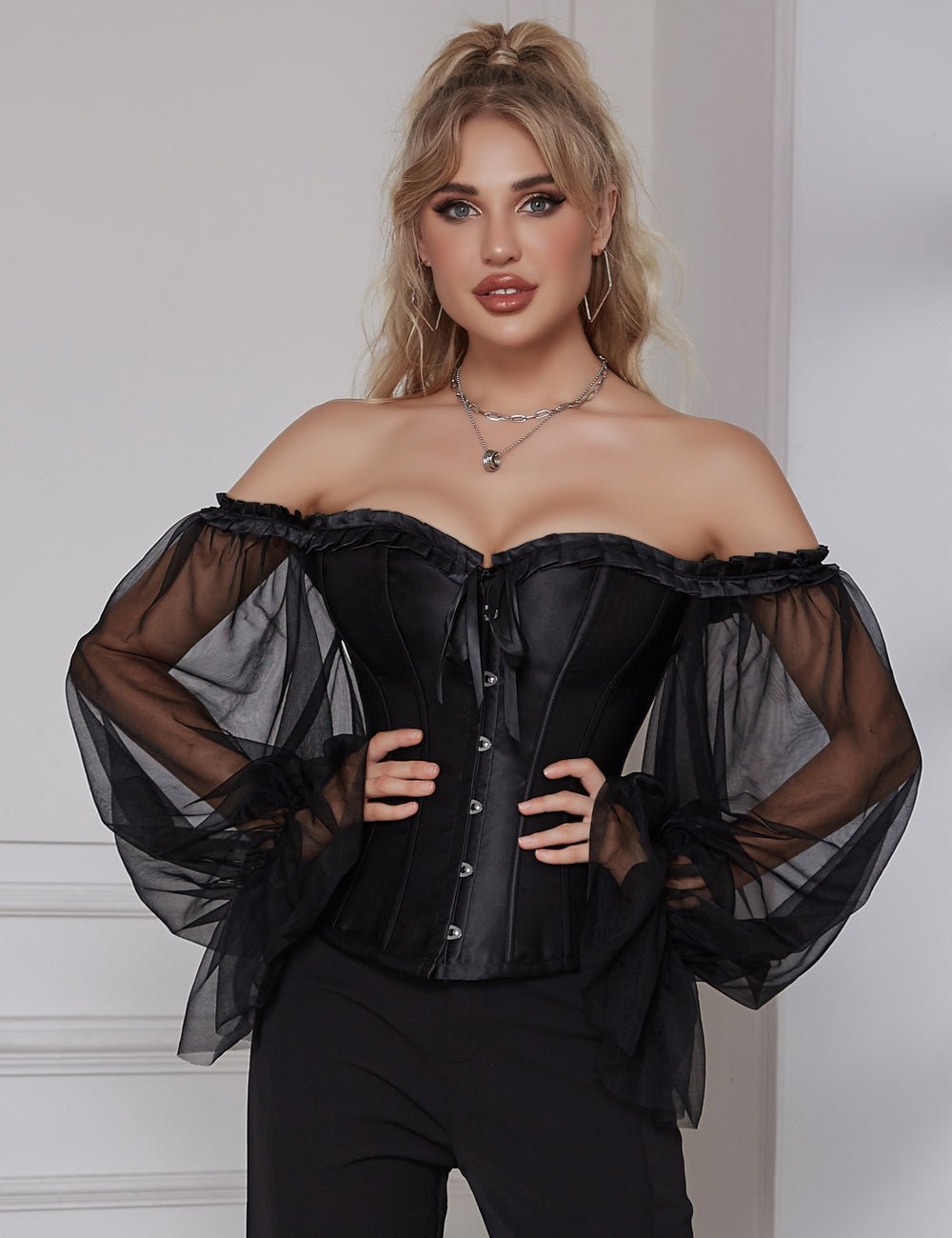 Black One - Shoulder Corset with Lantern Sleeve & Steel Boning - TeaseFashion