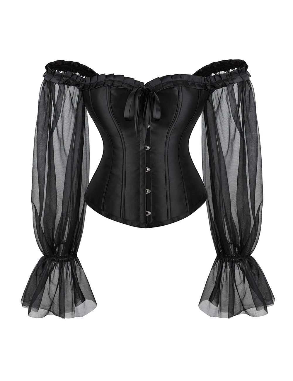 Black One - Shoulder Corset with Lantern Sleeve & Steel Boning - TeaseFashion