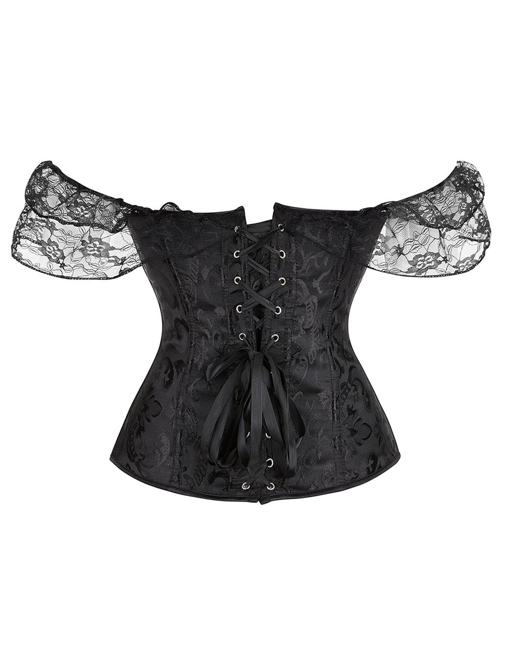 Black One - Shoulder Lace Corset with 12 Bones & Panty - TeaseFashion