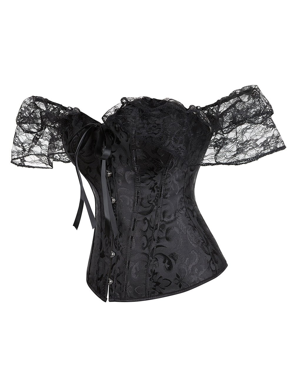 Black One - Shoulder Lace Corset with 12 Bones & Panty - TeaseFashion
