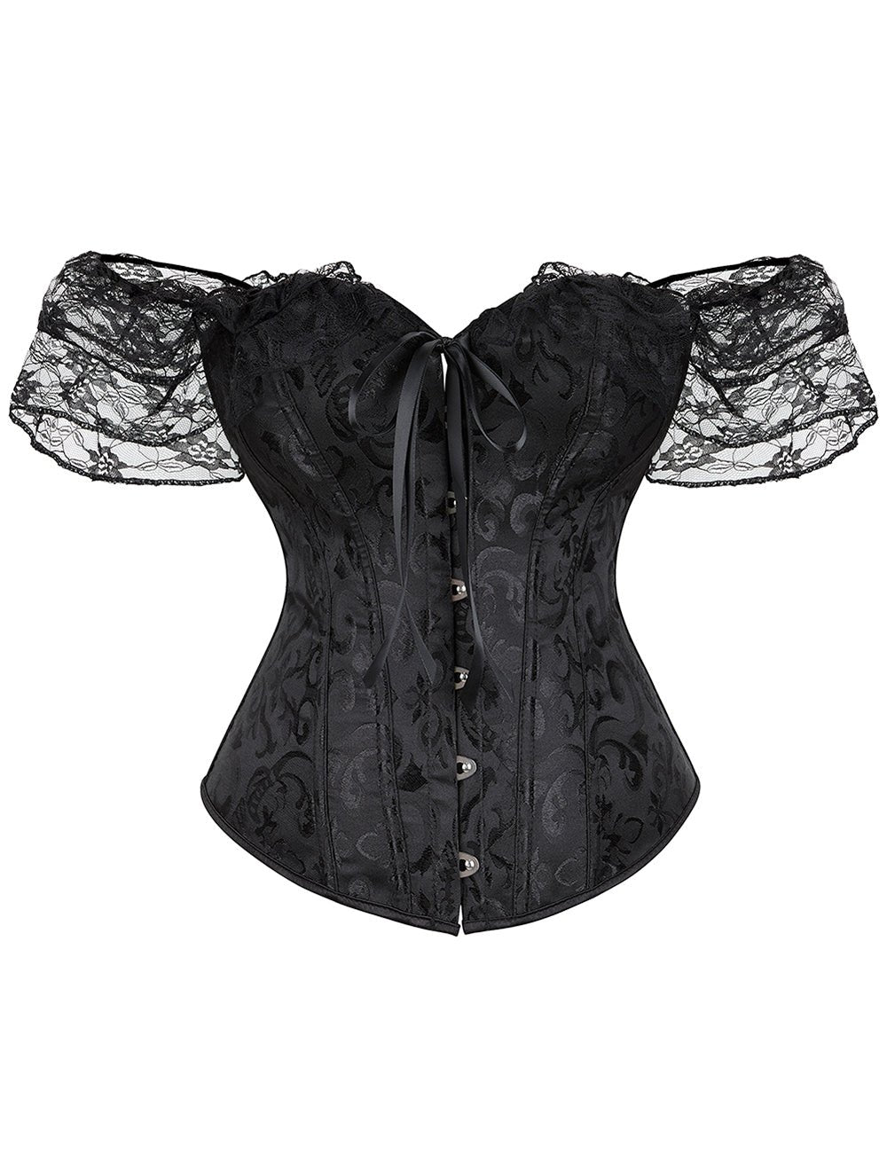 Black One - Shoulder Lace Corset with 12 Bones & Panty - TeaseFashion