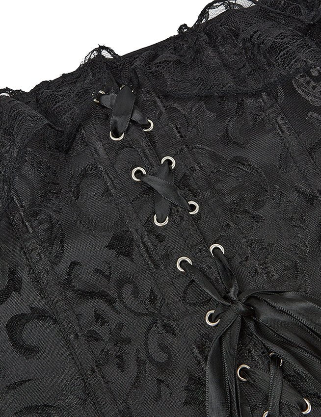 Black One - Shoulder Lace Corset with 12 Bones & Panty - TeaseFashion