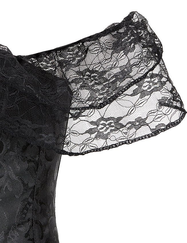 Black One - Shoulder Lace Corset with 12 Bones & Panty - TeaseFashion