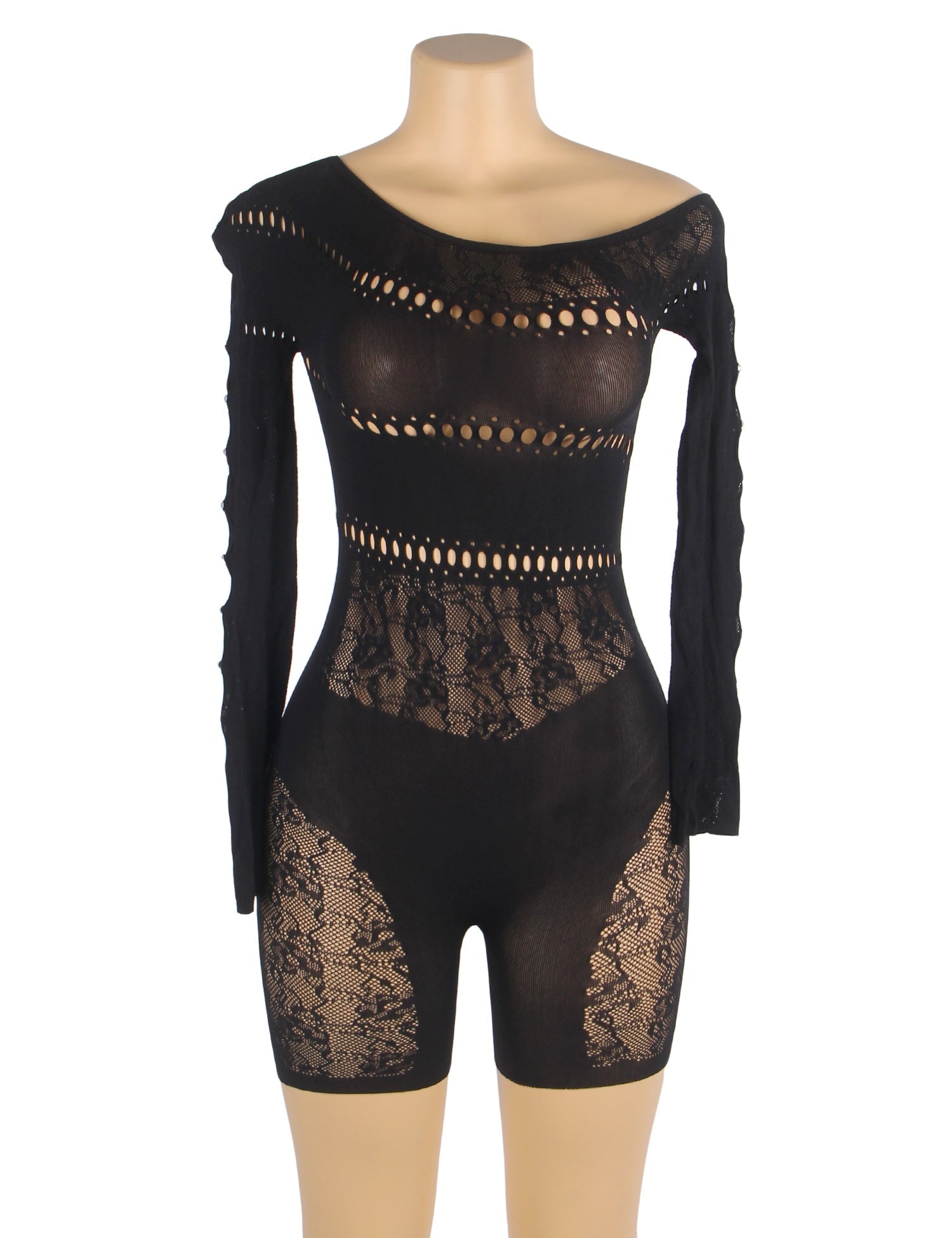 Black One - Shoulder Rhinestone Hollow - Sleeve Patterned Bodystocking - TeaseFashion