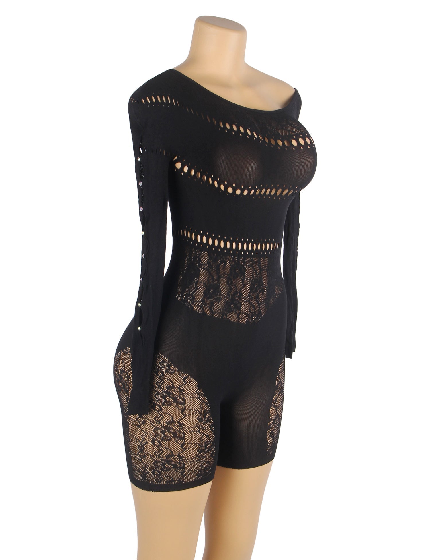 Black One - Shoulder Rhinestone Hollow - Sleeve Patterned Bodystocking - TeaseFashion