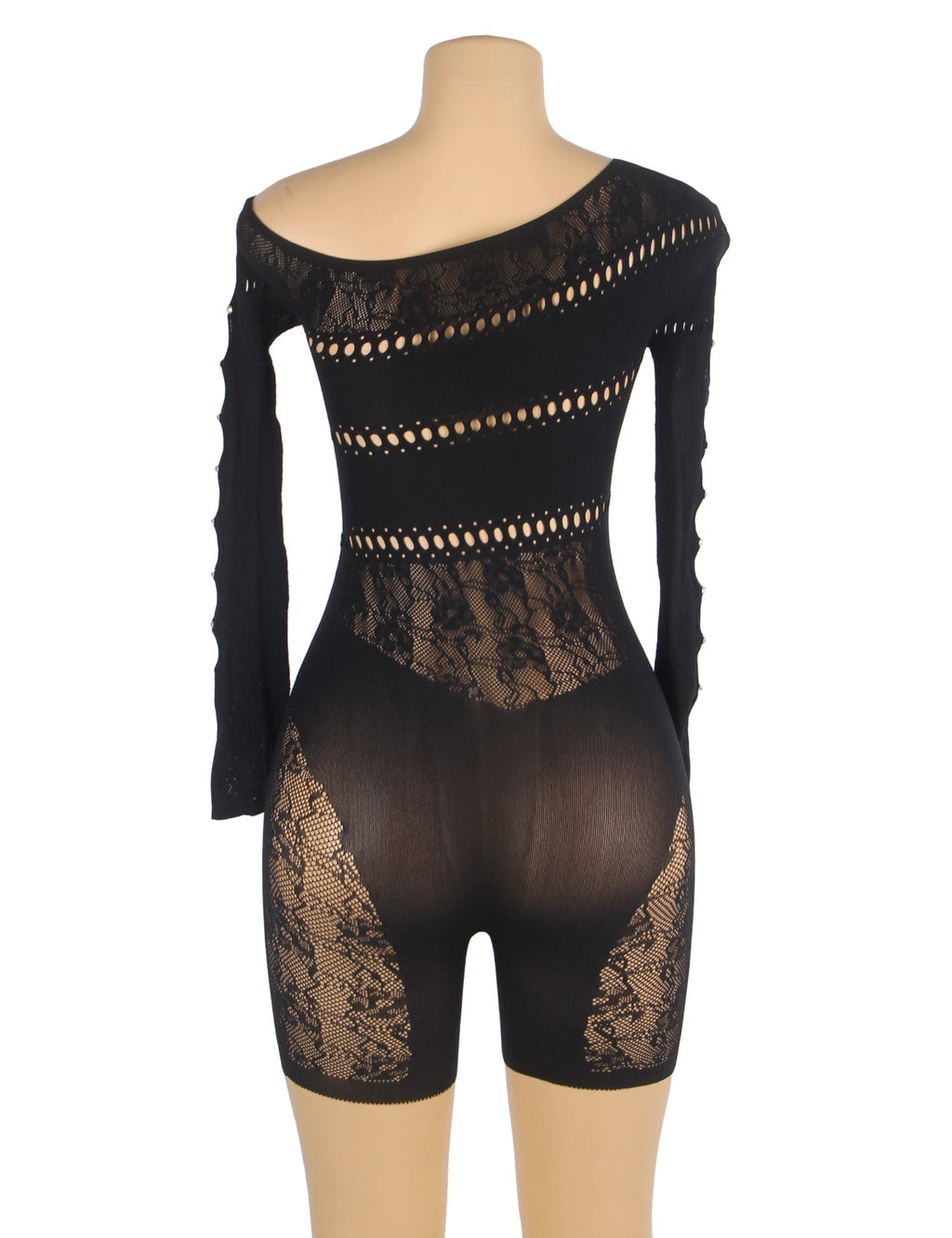 Black One - Shoulder Rhinestone Hollow - Sleeve Patterned Bodystocking - TeaseFashion