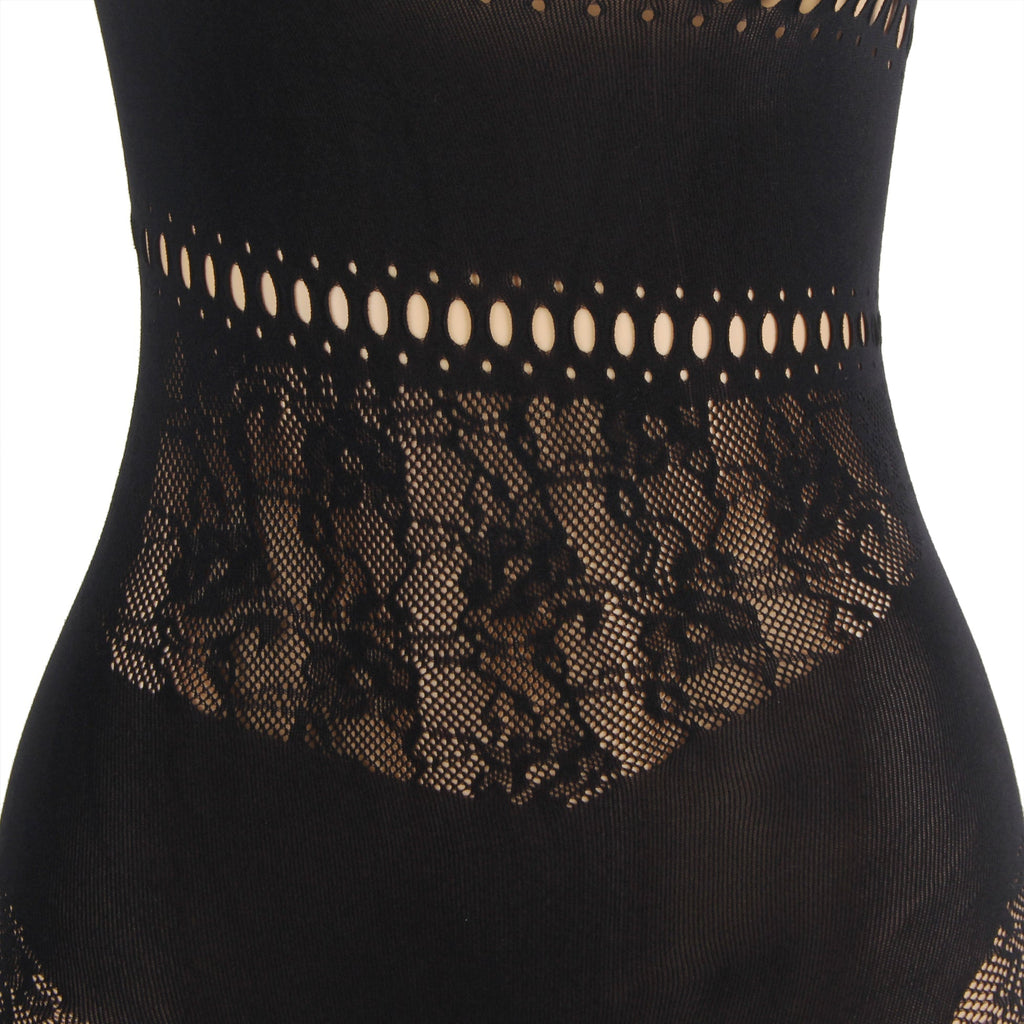 Black One - Shoulder Rhinestone Hollow - Sleeve Patterned Bodystocking - TeaseFashion