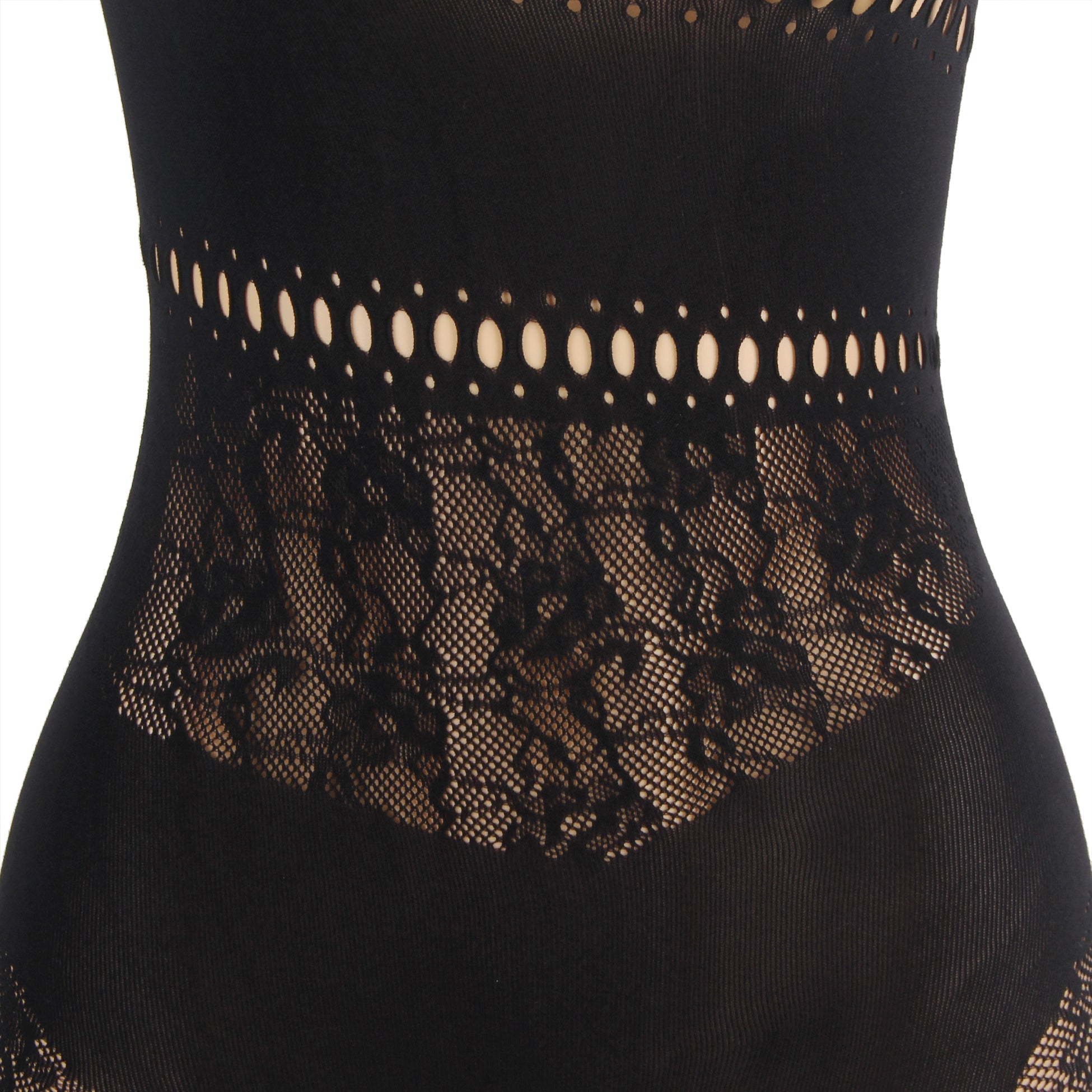 Black One - Shoulder Rhinestone Hollow - Sleeve Patterned Bodystocking - TeaseFashion