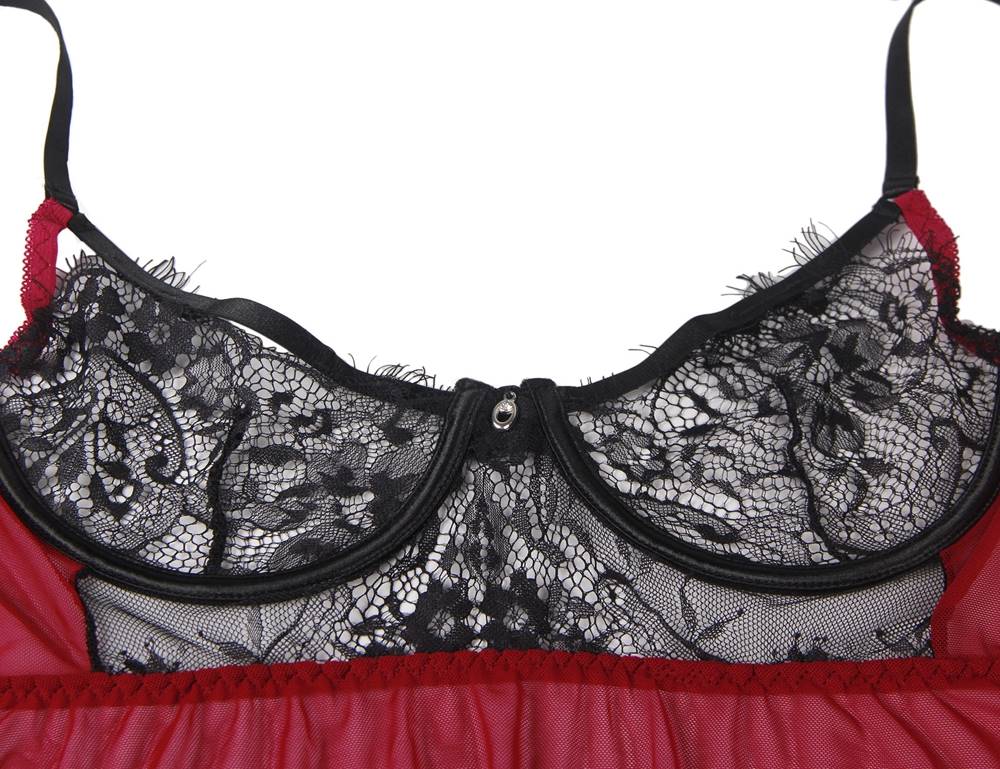 Black Panelled Sheer Mesh Babydoll with Steel - Ring Bust, Eyelash Lace, Open Back & Thong Set - TeaseFashion