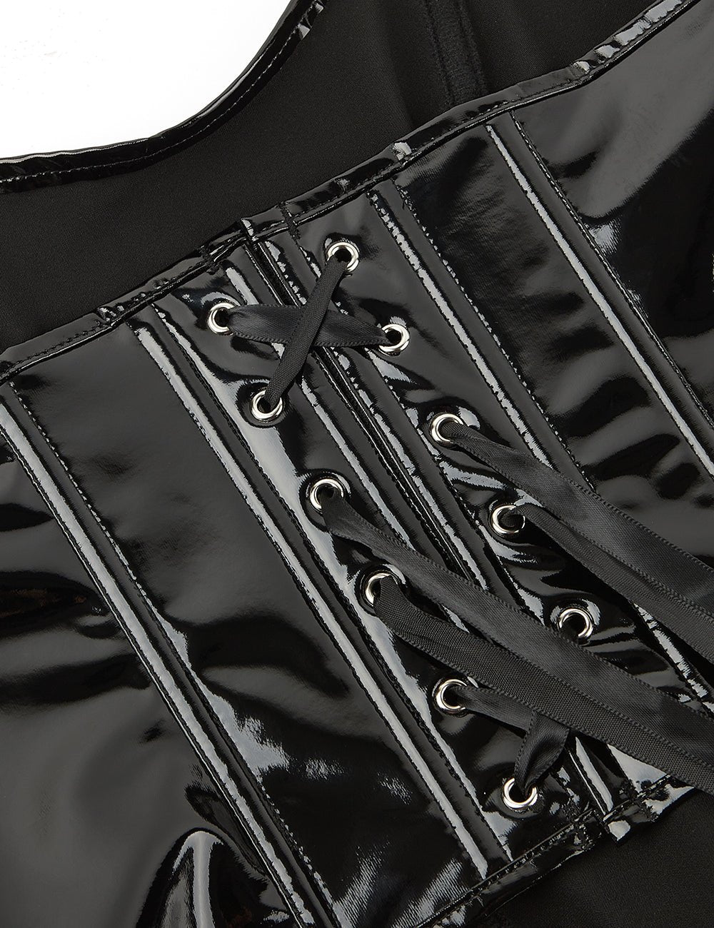 Black Patent Leather Bodysuit – Asymmetric, Crisscross Back & 9 Bones - TeaseFashion