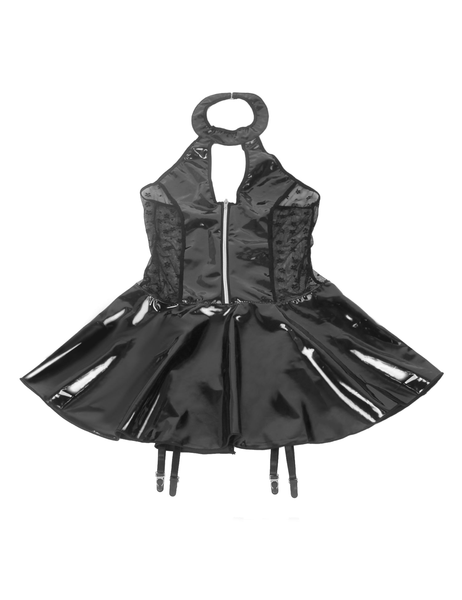 Black Patent Mirror Leather Halter Garter Dress – Lace Waist Splicing, Bust & Back Cut - Outs, Front Zipper & Ruffled Skirt - TeaseFashion
