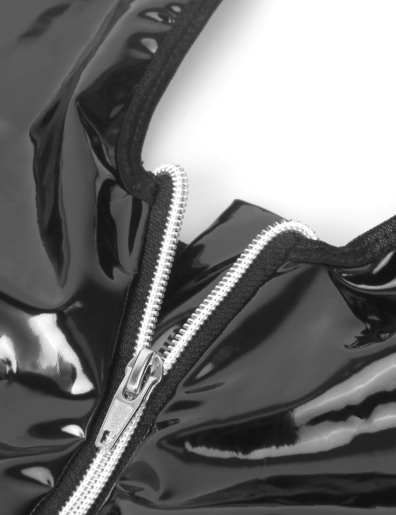 Black Patent Mirror Leather Halter Garter Dress – Lace Waist Splicing, Bust & Back Cut - Outs, Front Zipper & Ruffled Skirt - TeaseFashion