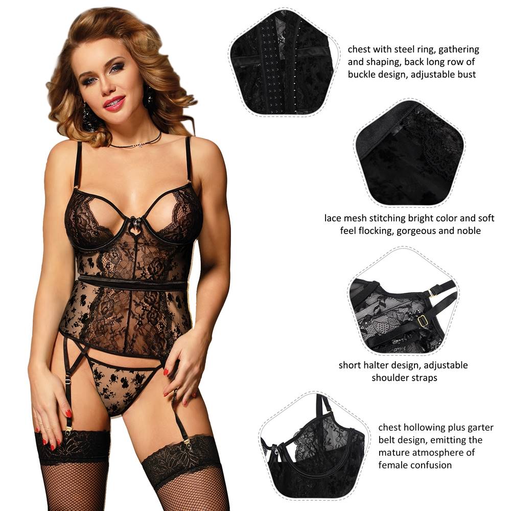 Black Plush Velvet Lace Mesh Garter Lingerie Set – Steel Ring Cups, Hollow - Out Bust, Long Hook Back & Adjustable Shoulder Straps - TeaseFashion