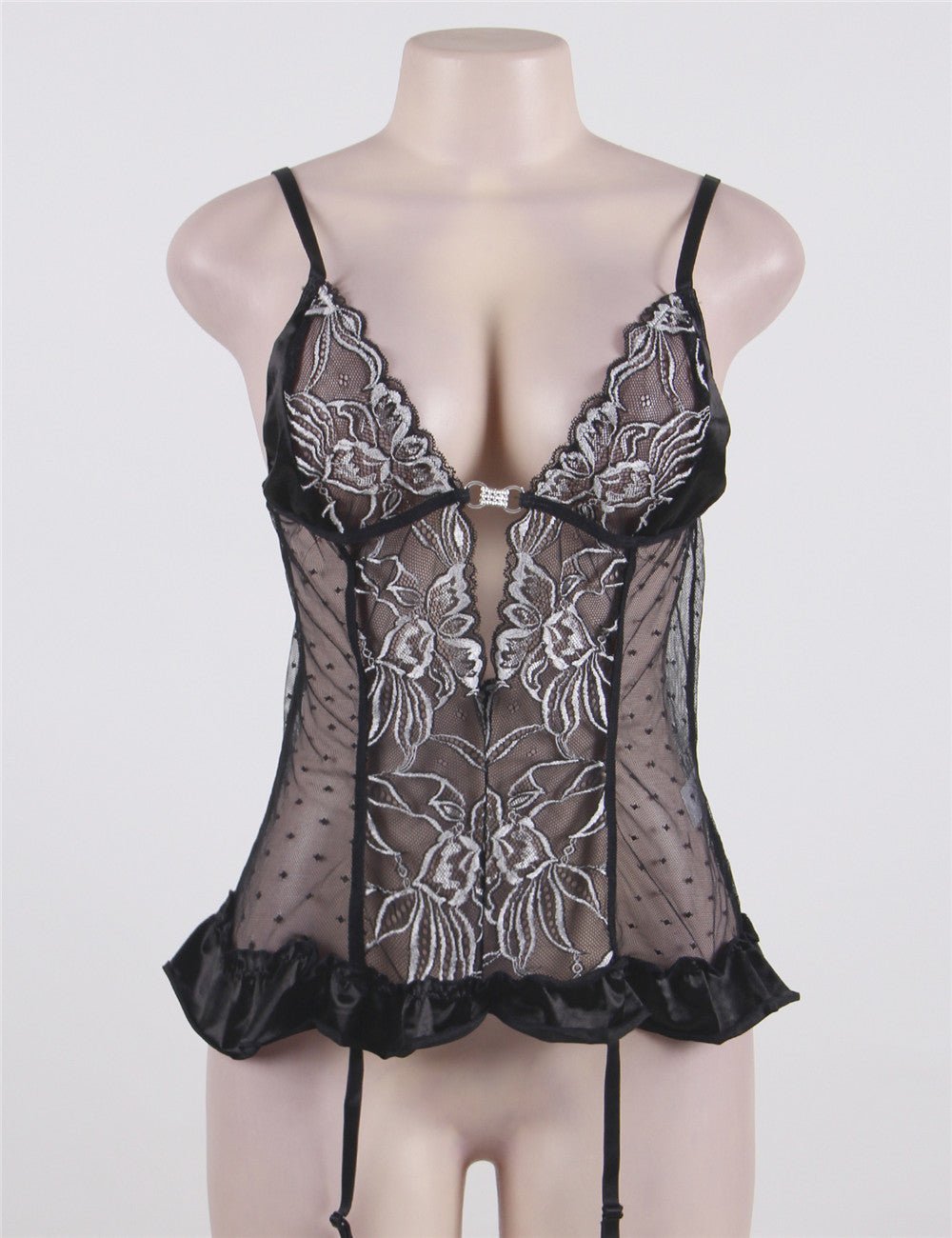 Black Pointelle Mesh Teddy Set – Deep V Neck, Double - Colour Lace, Ruffle Hem & Garter Belt - TeaseFashion