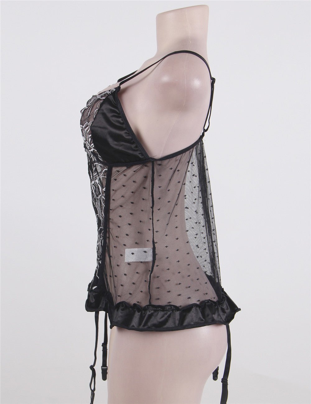 Black Pointelle Mesh Teddy Set – Deep V Neck, Double - Colour Lace, Ruffle Hem & Garter Belt - TeaseFashion