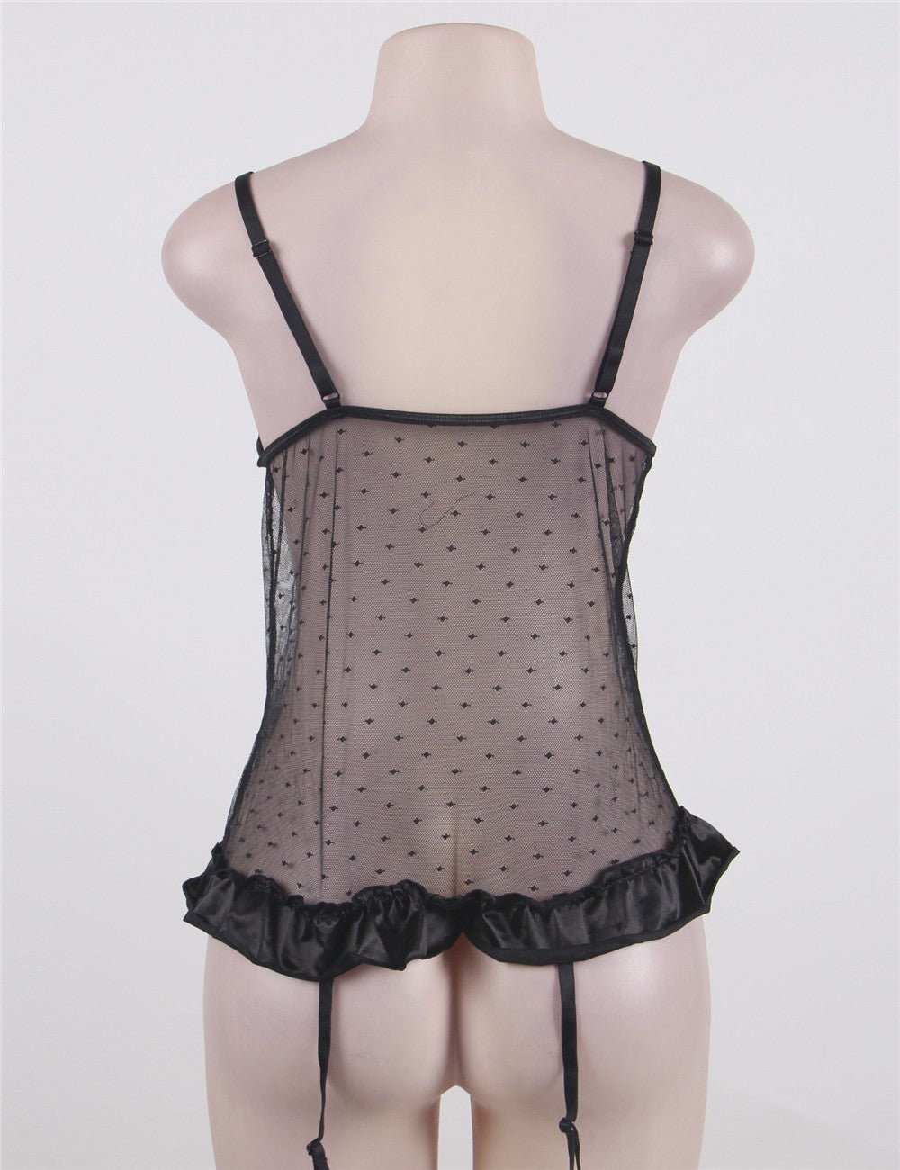 Black Pointelle Mesh Teddy Set – Deep V Neck, Double - Colour Lace, Ruffle Hem & Garter Belt - TeaseFashion
