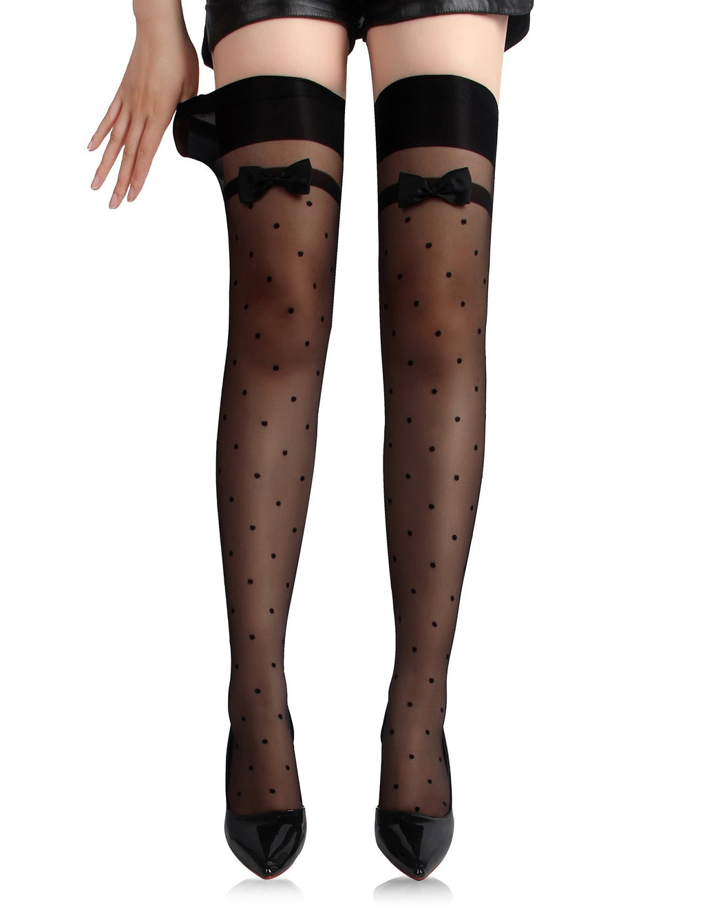 Black Polka Dot Thigh - High Stockings with Bow Accent - TeaseFashion