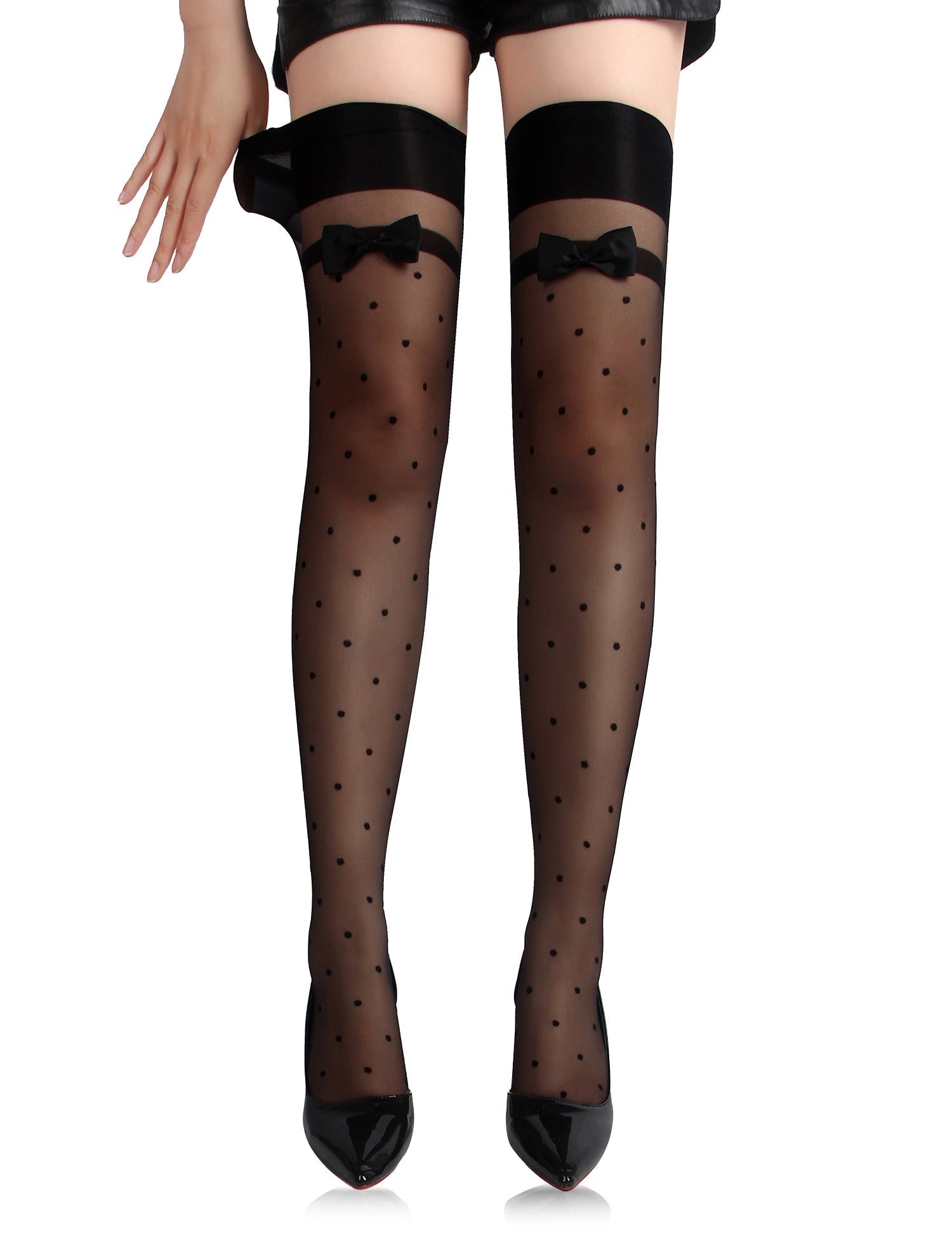 Black Polka Dot Thigh - High Stockings with Bow Accent - TeaseFashion