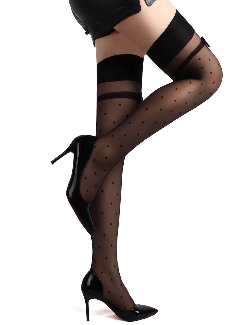 Black Polka Dot Thigh - High Stockings with Bow Accent - TeaseFashion