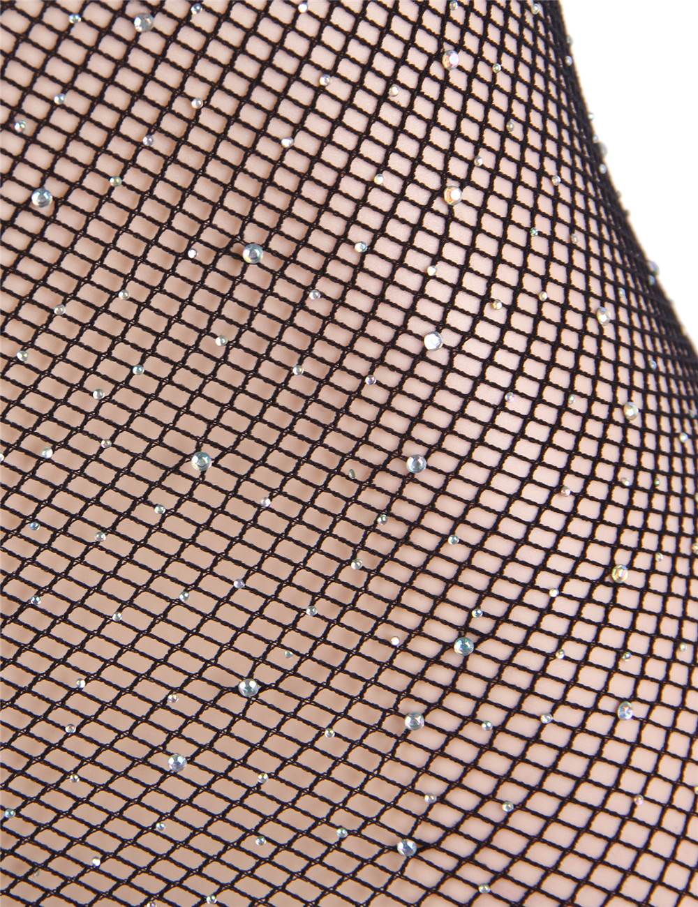 Black Polyamide Fishnet Off - the - Shoulder Bodystocking – Rhinestone Mesh Embellishments - TeaseFashion