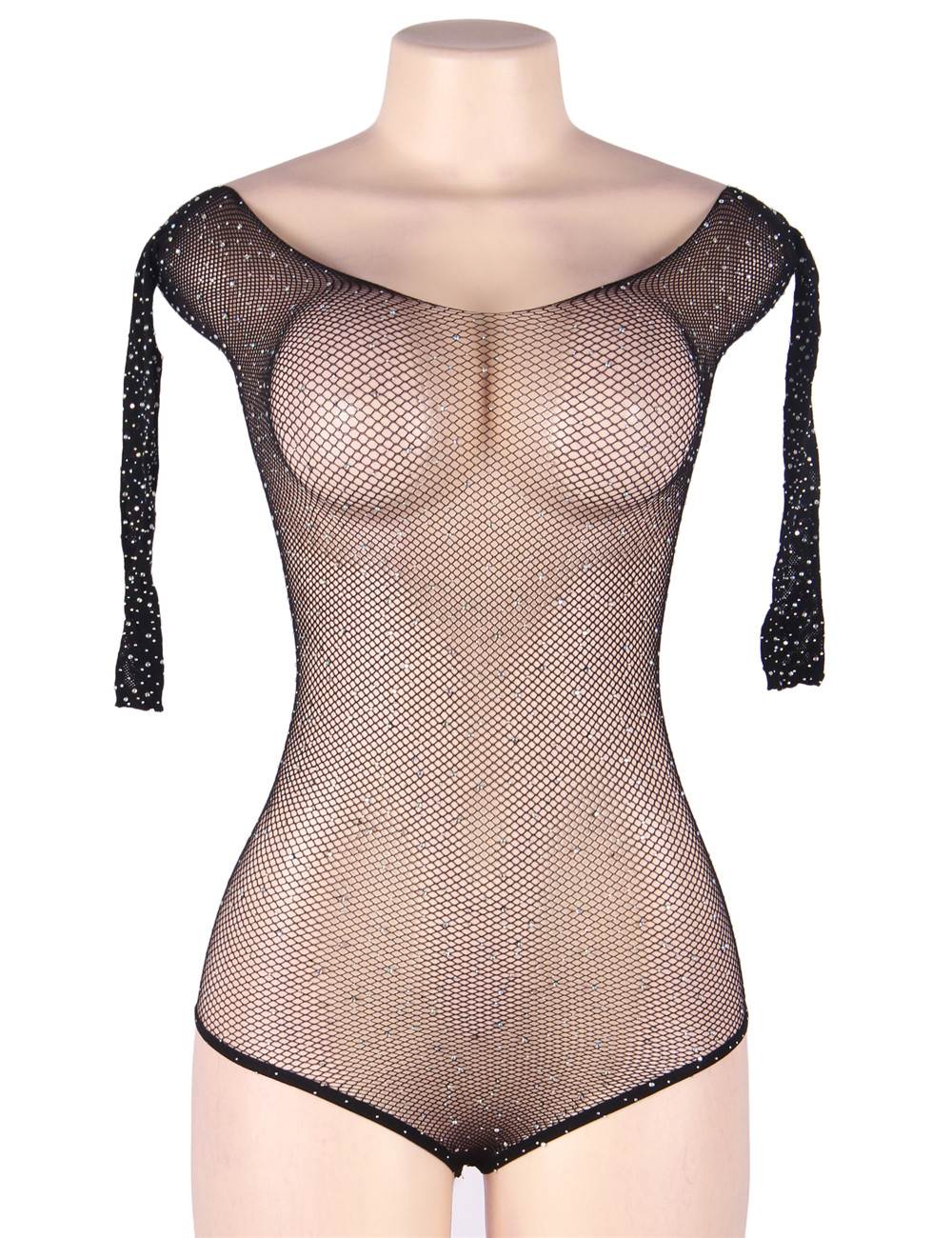 Black Polyamide Long - Sleeve Full - Body Bodysuit – Round Collar & Rhinestone Embellishments - TeaseFashion