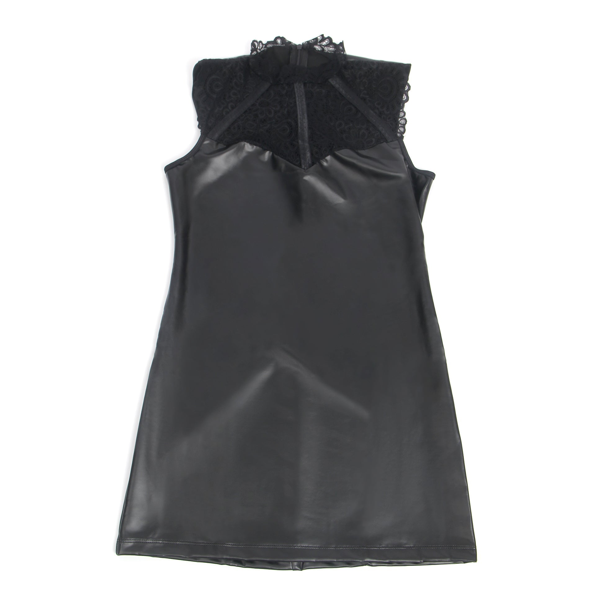 Black PU Leather Bodycon Pencil Skirt – Lace Neckline Splicing & Hidden Back Zipper - TeaseFashion