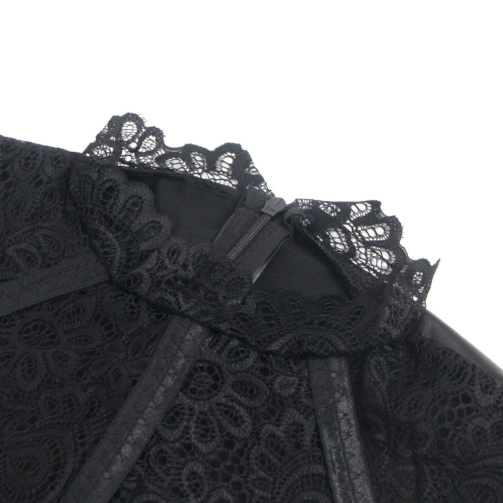 Black PU Leather Bodycon Pencil Skirt – Lace Neckline Splicing & Hidden Back Zipper - TeaseFashion