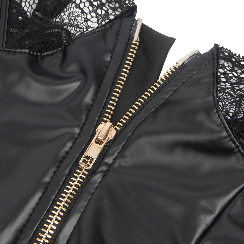 Black PU Leather Bodysuit – Full - Zip, Lace Bow Chest & Ruffle Hem - TeaseFashion