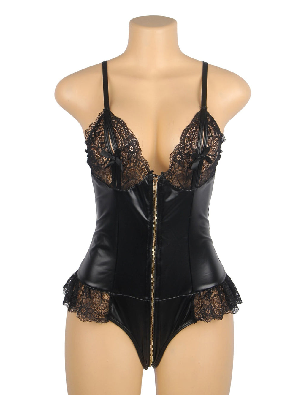 Black PU Leather Bodysuit – Full - Zip, Lace Bow Chest & Ruffle Hem - TeaseFashion