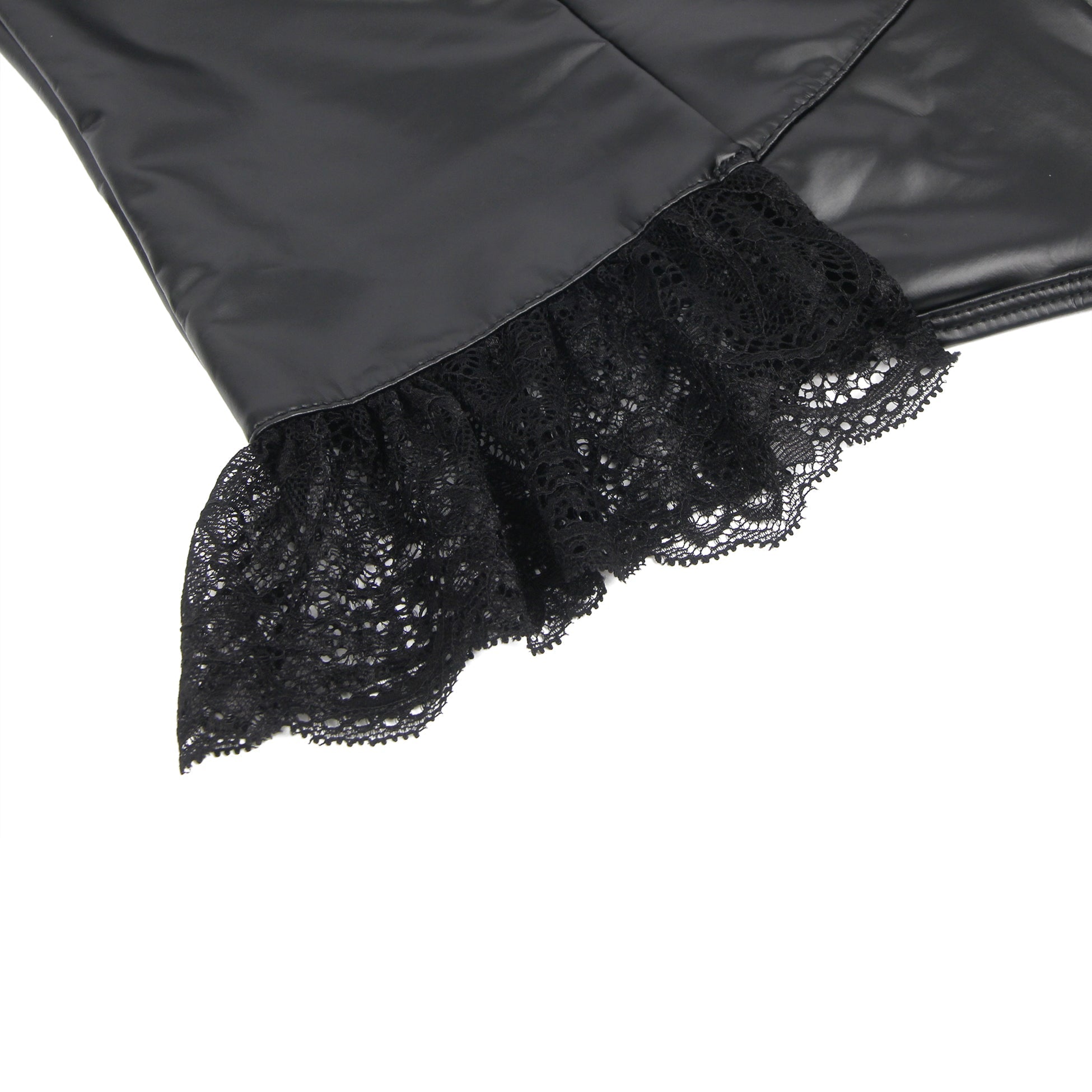 Black PU Leather Bodysuit – Full - Zip, Lace Bow Chest & Ruffle Hem - TeaseFashion