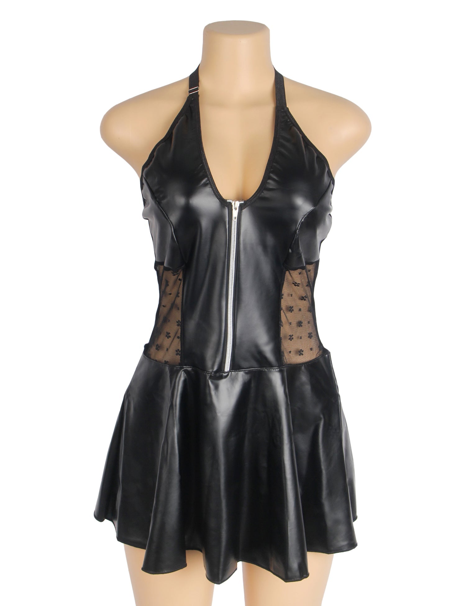 Black PU Leather Deep V - Neck Halter Garter Dress – Lace Mesh Side Splicing, Front Zipper, Ruffled Skirt & Four Suspender Straps - TeaseFashion