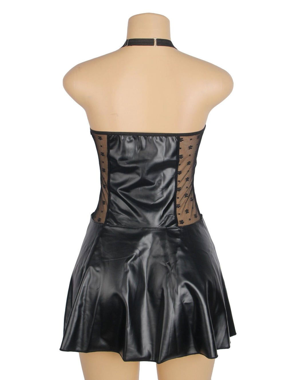 Black PU Leather Deep V - Neck Halter Garter Dress – Lace Mesh Side Splicing, Front Zipper, Ruffled Skirt & Four Suspender Straps - TeaseFashion