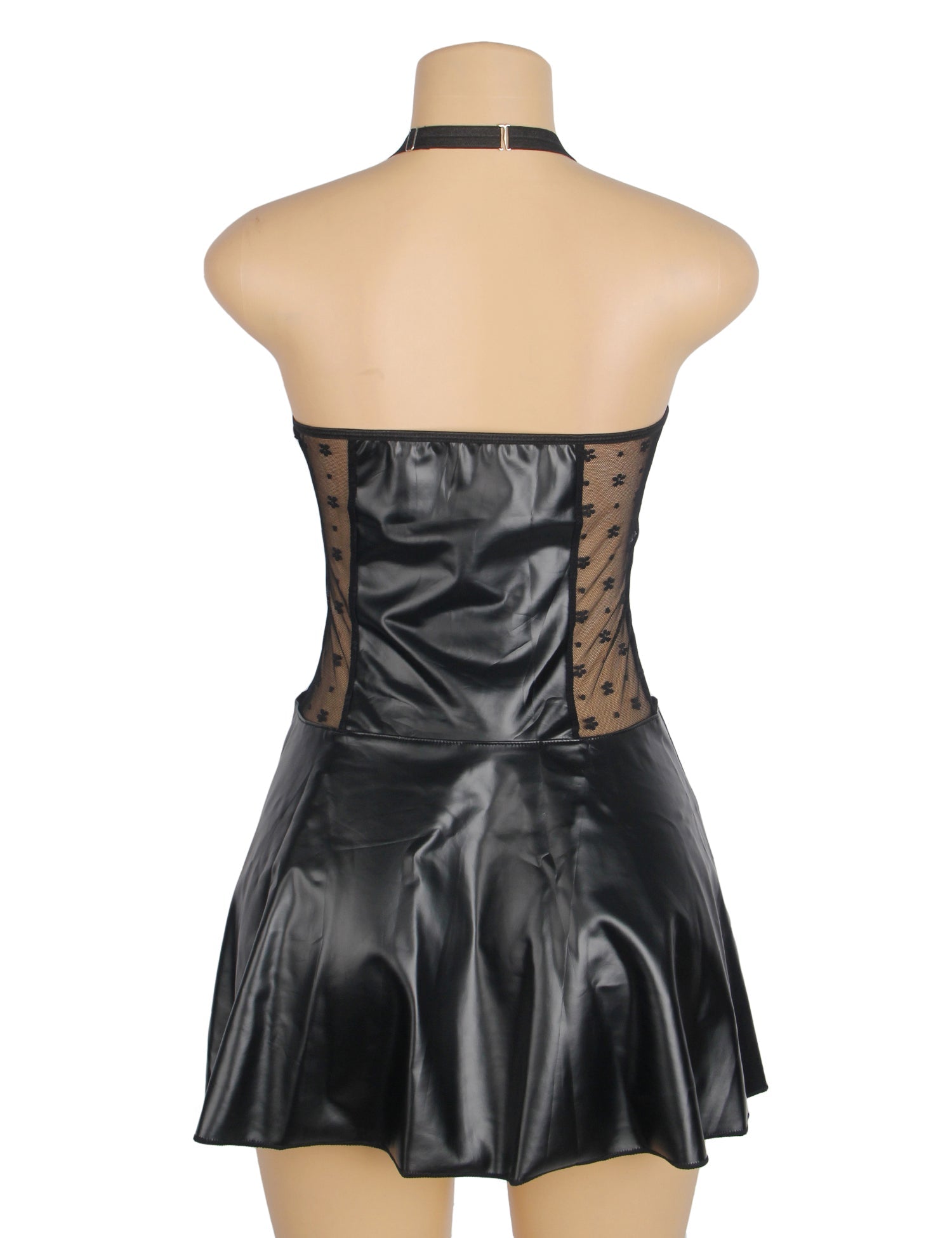 Black PU Leather Deep V - Neck Halter Garter Dress – Lace Mesh Side Splicing, Front Zipper, Ruffled Skirt & Four Suspender Straps - TeaseFashion