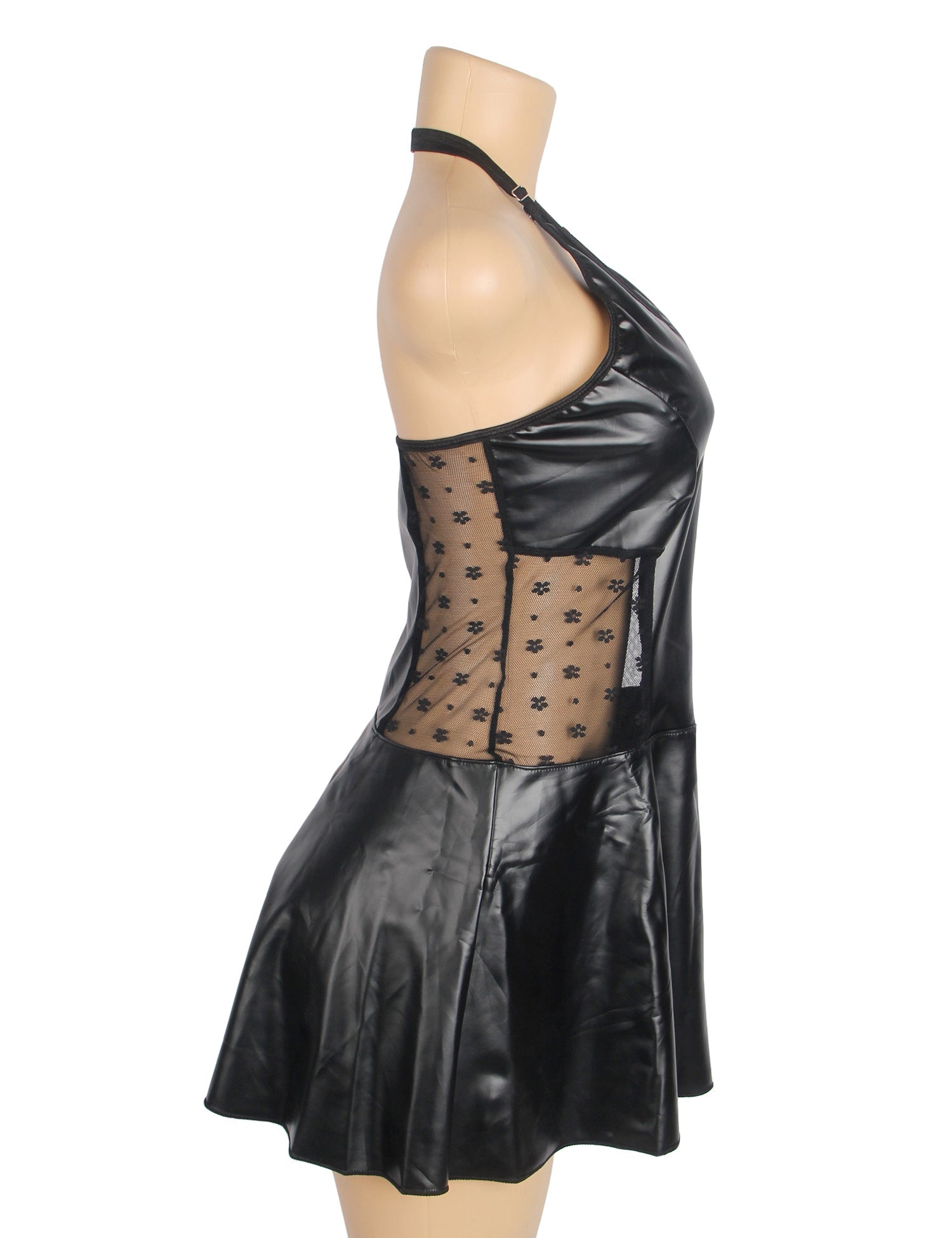 Black PU Leather Deep V - Neck Halter Garter Dress – Lace Mesh Side Splicing, Front Zipper, Ruffled Skirt & Four Suspender Straps - TeaseFashion