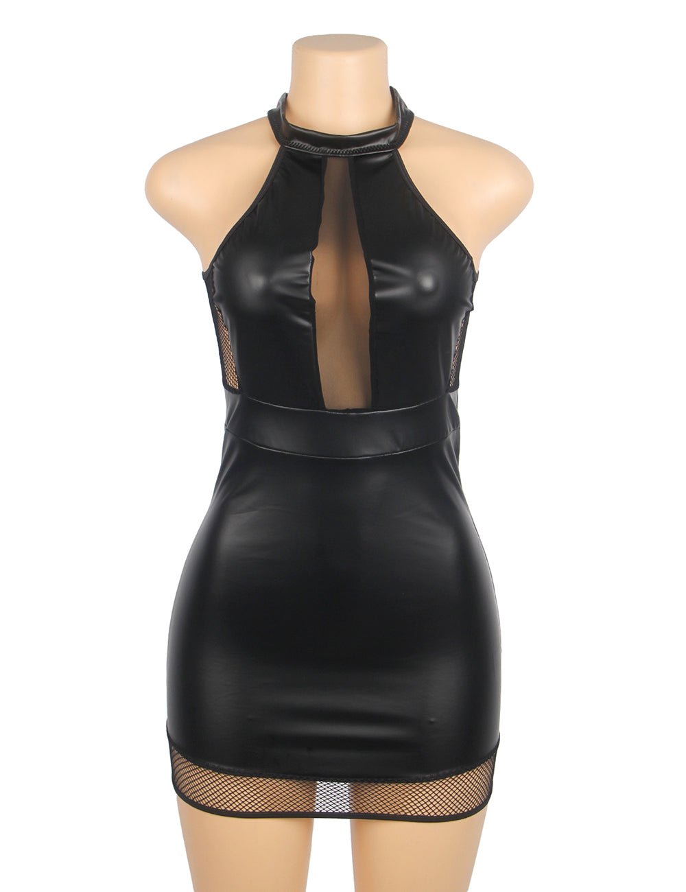 Black PU Leather Halter Pencil Skirt – Mesh & Diamond Mesh Splicing, Adjustable Neckline & Button Closure - TeaseFashion