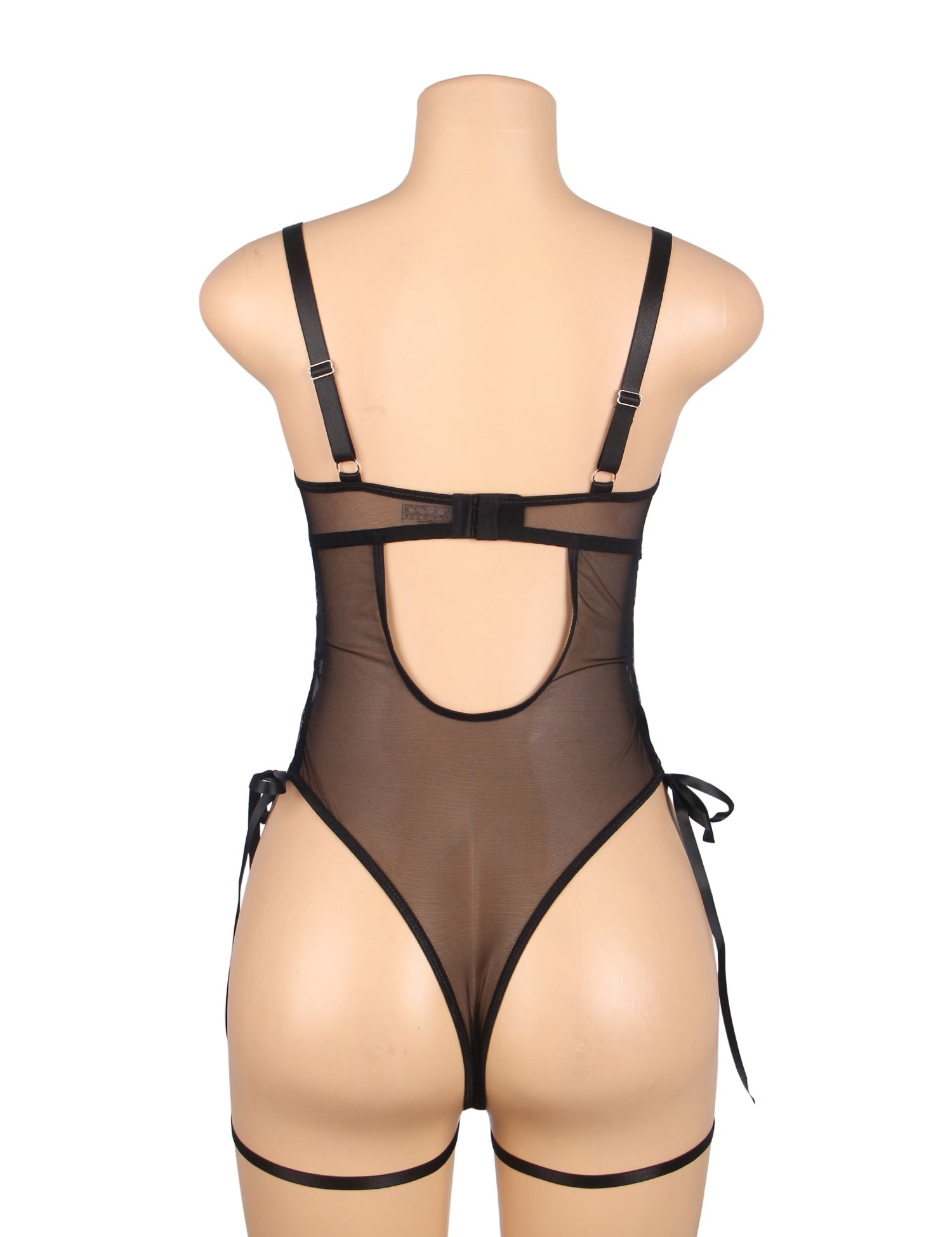 Black PU Leather Lace Mesh Garter Bodysuit – Heart Cut - Out, Bow Detail, Hollow Waist Straps, Garter Belt & Snap Crotch - TeaseFashion