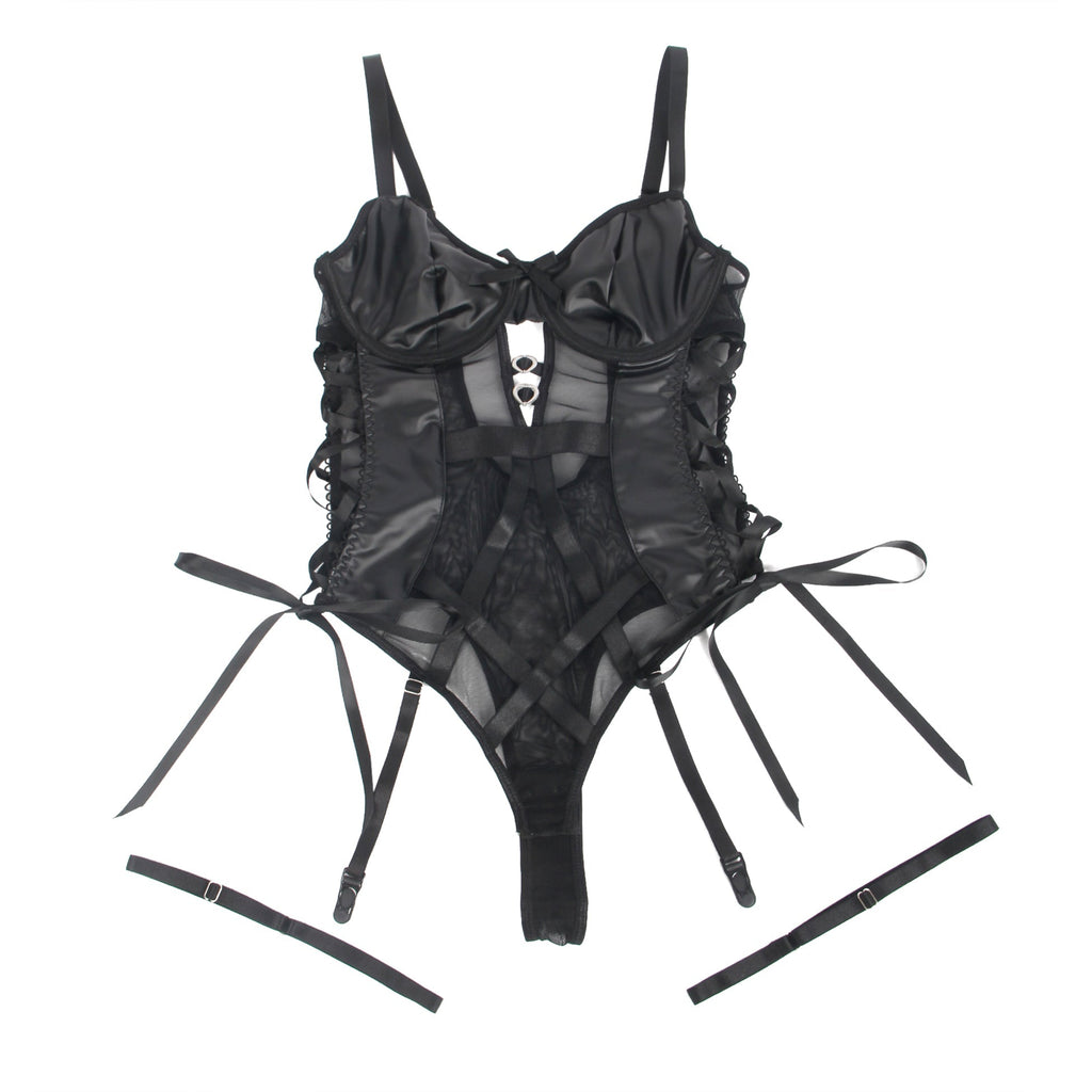 Black PU Leather Lace Mesh Garter Bodysuit – Heart Cut - Out, Bow Detail, Hollow Waist Straps, Garter Belt & Snap Crotch - TeaseFashion