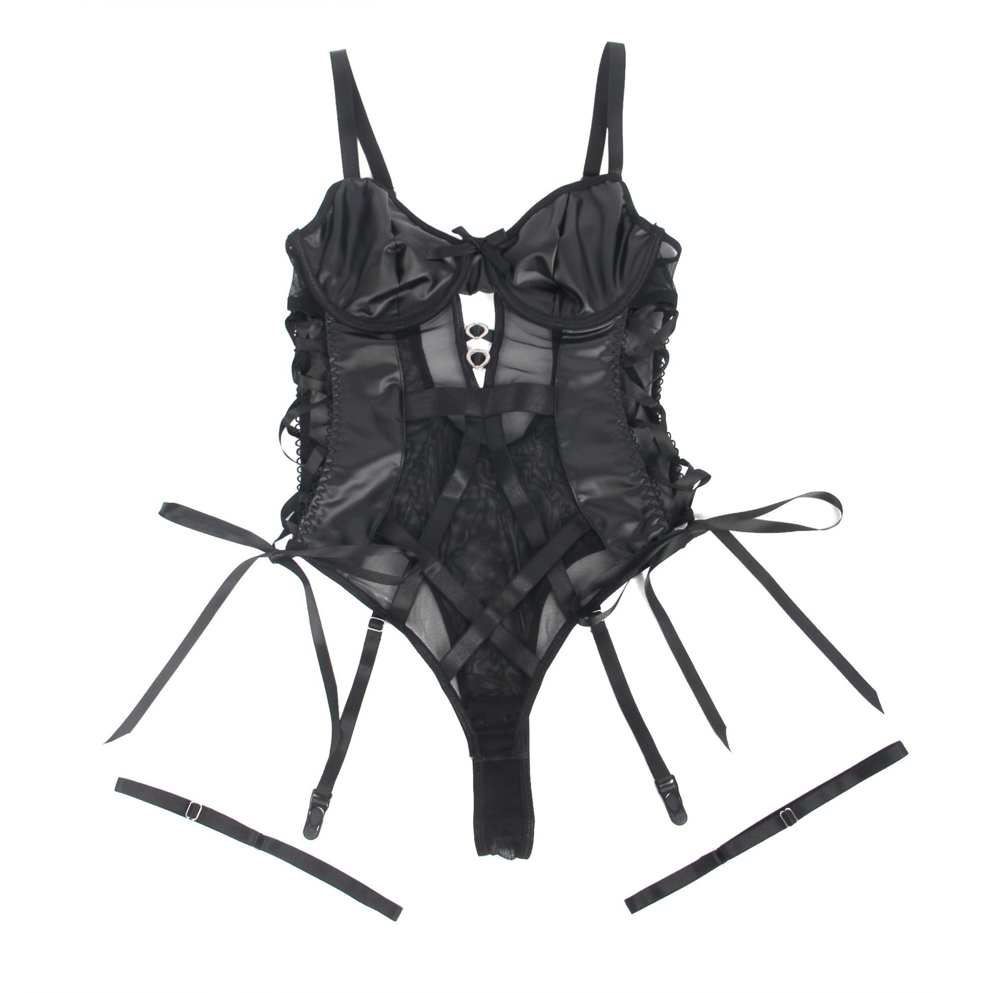 Black PU Leather Lace Mesh Garter Bodysuit – Heart Cut - Out, Bow Detail, Hollow Waist Straps, Garter Belt & Snap Crotch - TeaseFashion