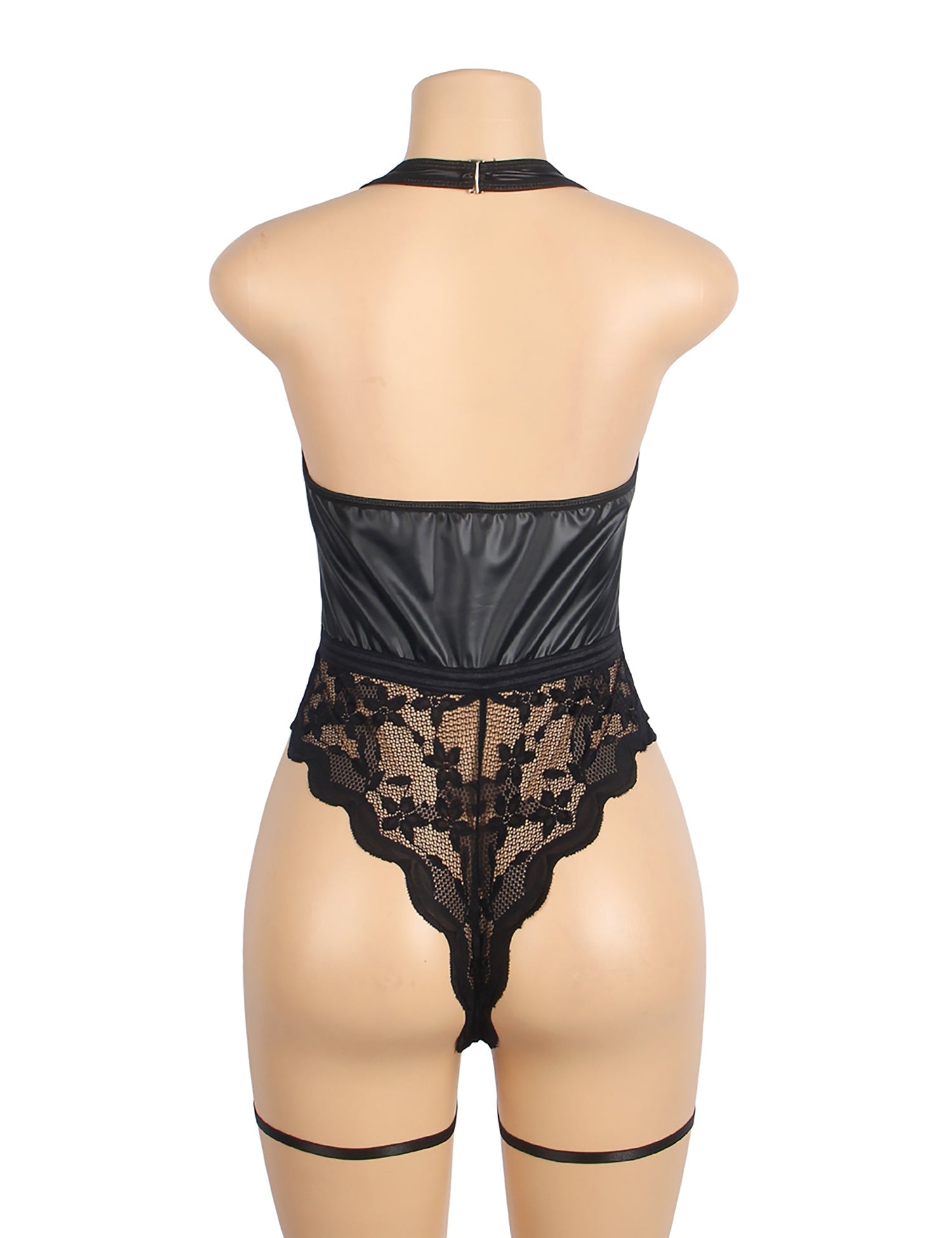 Black PU Leather Lace Mesh Halter Garter Bodysuit – Deep V - Neck, Backless Front, Centre Zipper & Leg Loops - TeaseFashion