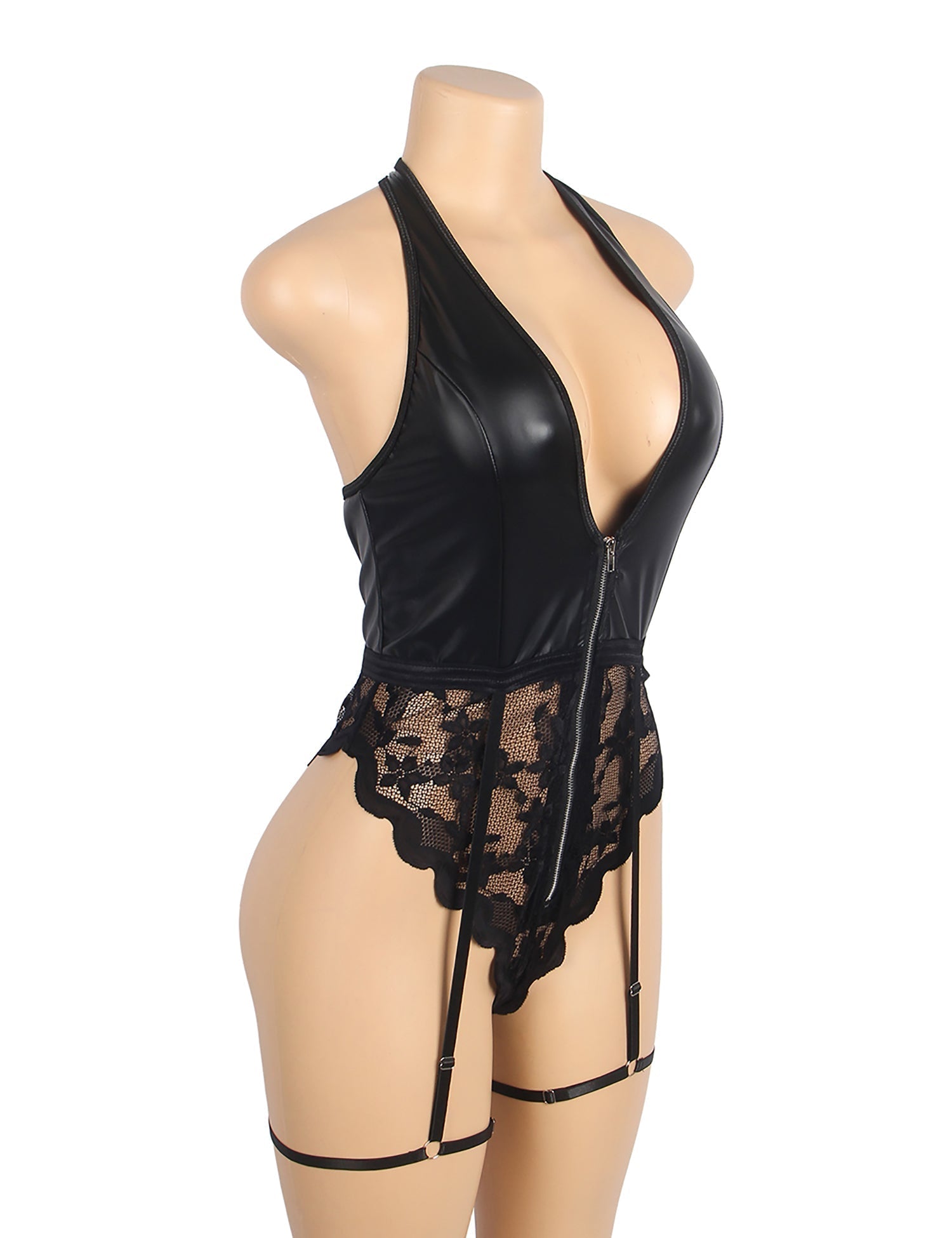 Black PU Leather Lace Mesh Halter Garter Bodysuit – Deep V - Neck, Backless Front, Centre Zipper & Leg Loops - TeaseFashion