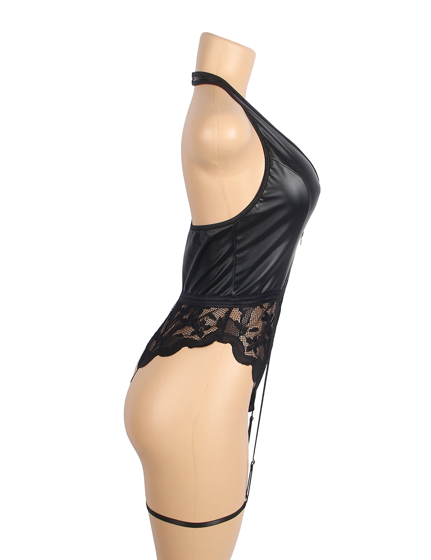 Black PU Leather Lace Mesh Halter Garter Bodysuit – Deep V - Neck, Backless Front, Centre Zipper & Leg Loops - TeaseFashion