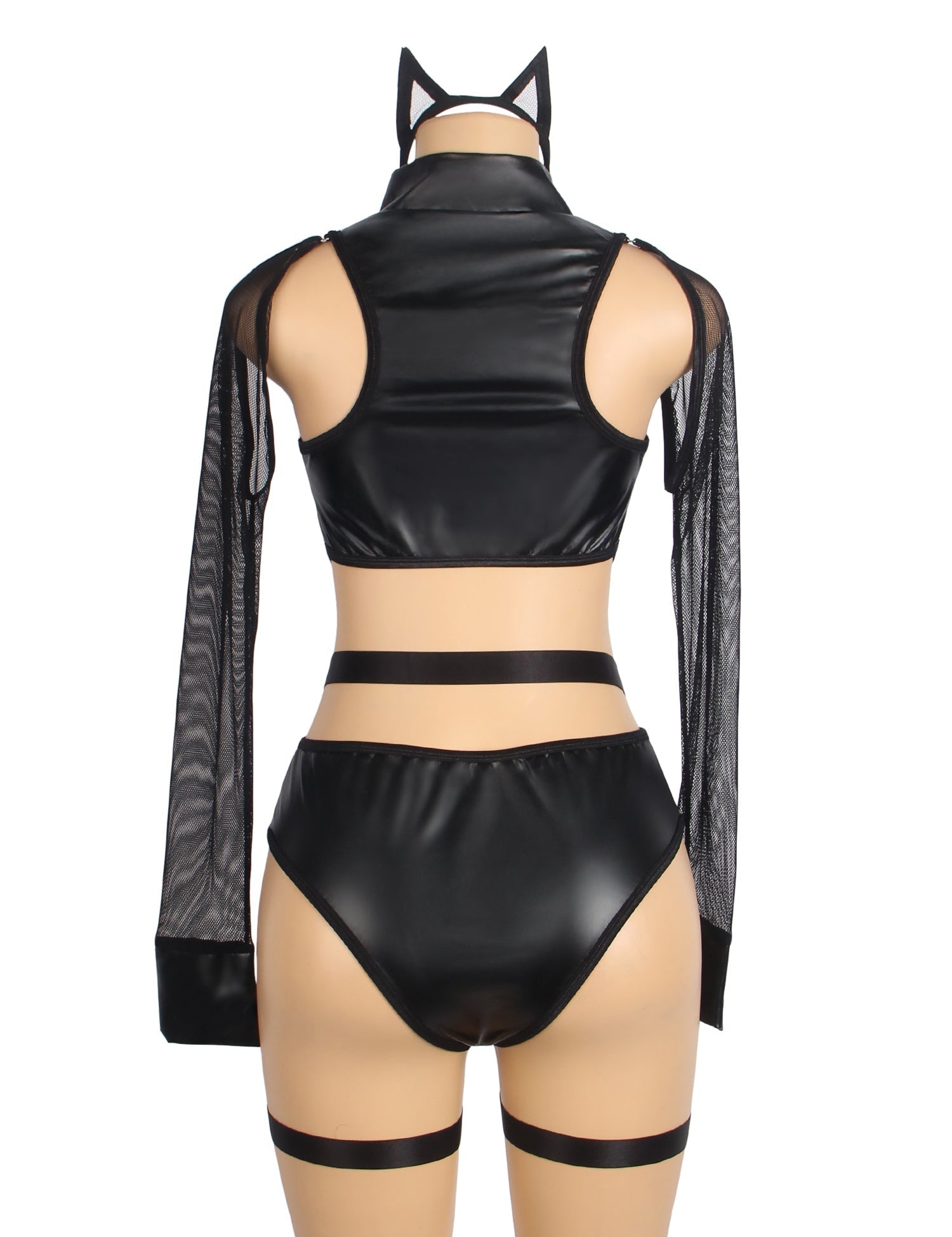 Black PU Leather Magic Bodysuit – Mesh Splicing, Front Zipper, Hollow Back, Removable Sleeves, Leg Rings & Headband - TeaseFashion
